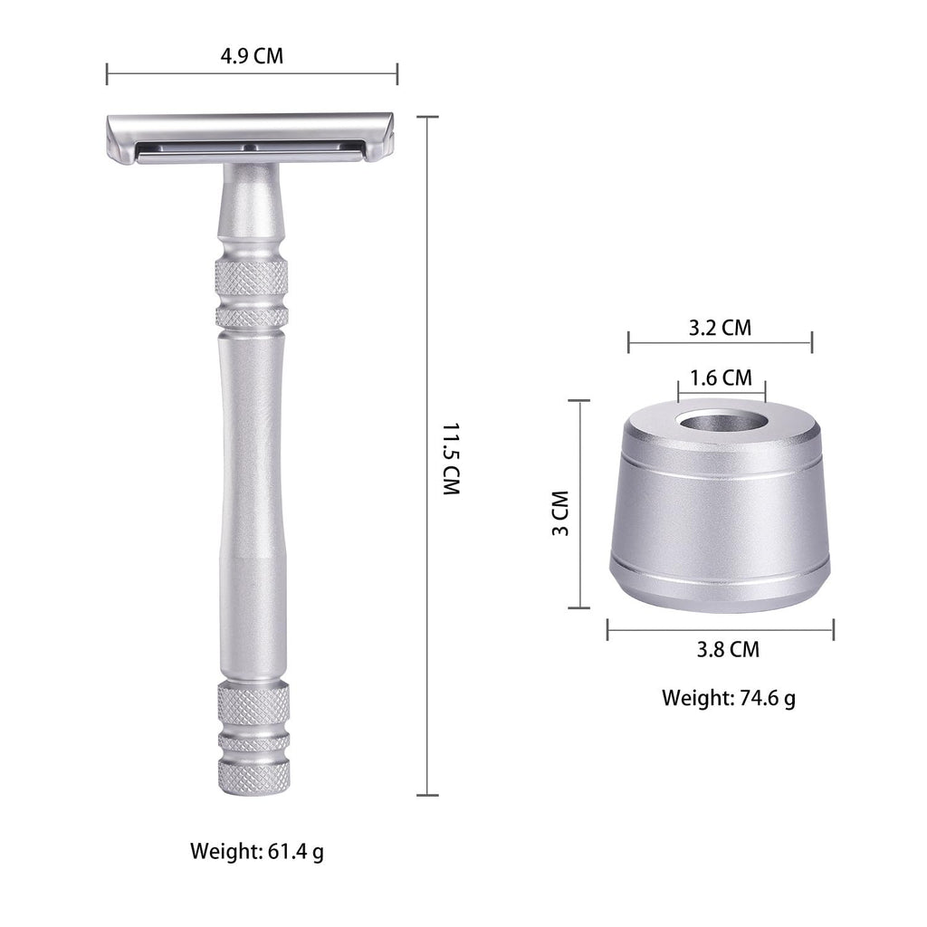 Men's and Women's Manual Razor Safety Razor with 10 Double Edge Blades, Double Edge Razor, Eco-Friendly, Smooth Close Shave, Plastic-Free, Easy to Carry for Traveling at Home (Silver + Base)