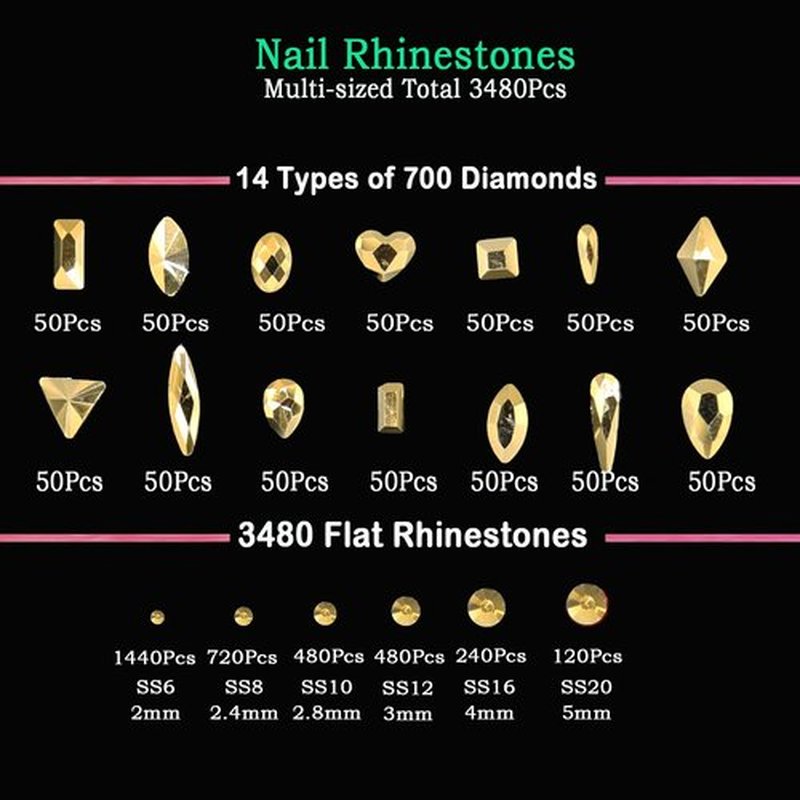 4180 Pcs Crystal Flatback Rhinestones Gems Nail Kit for Nail Art,Crafts,Clothes Shoes Decorations Jewelry (700 Diamonds + 3480 Flat Rhinestones, with Rhinestones Pen), Gold