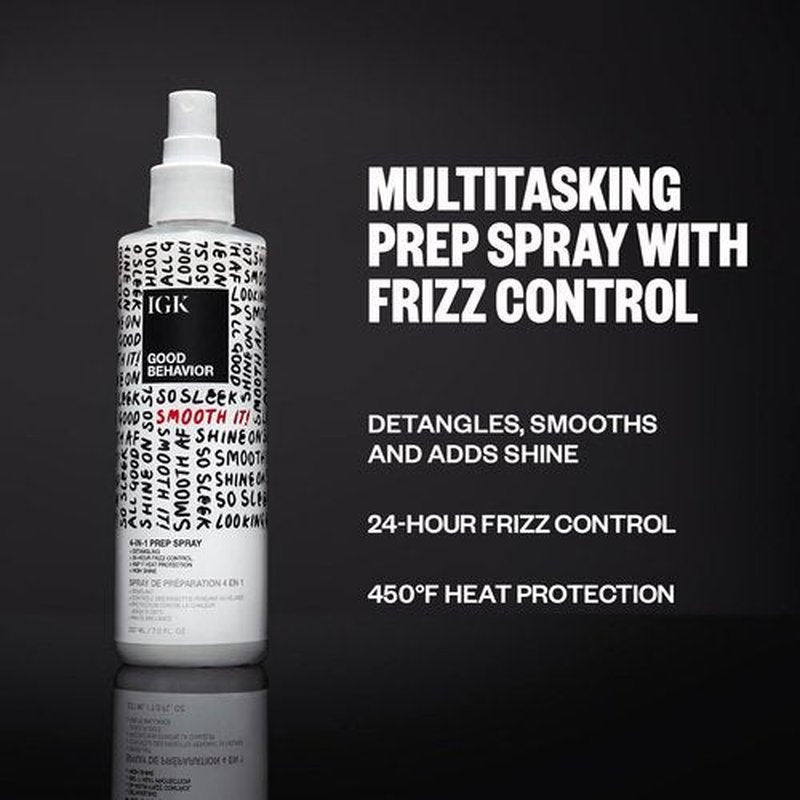 IGK GOOD BEHAVIOR Smoothing Frizz Fighters Travel Set | 4-in-1 Prep Spray + Spirulina Protein Smoothing Spray | Frizz Control + Heat Protectant | Vegan + Cruelty Free