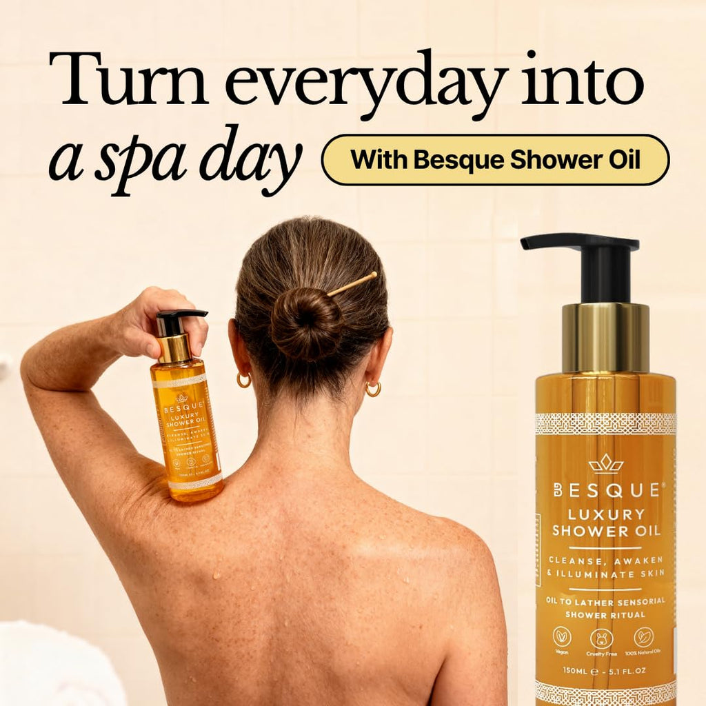 Besque Luxury Shower Oil, 5.1 FL OZ, Natural Hydrating Body Wash for Women with Sweet Almond, Rosehip & Evening Primrose & Vitamin E, Gentle Oil Cleanser for Sensitive, Dry & Aging Skin - Pack of 1