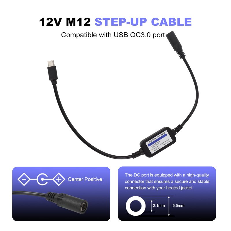 Smarkey 12V Heated Jacket Adapter Charger TypeC Voltage Step-Up Cable for Milwaukee, M12, Makita, Snap-on, Metabo, Craftsman, AEG (Only Support PD Power Bank)