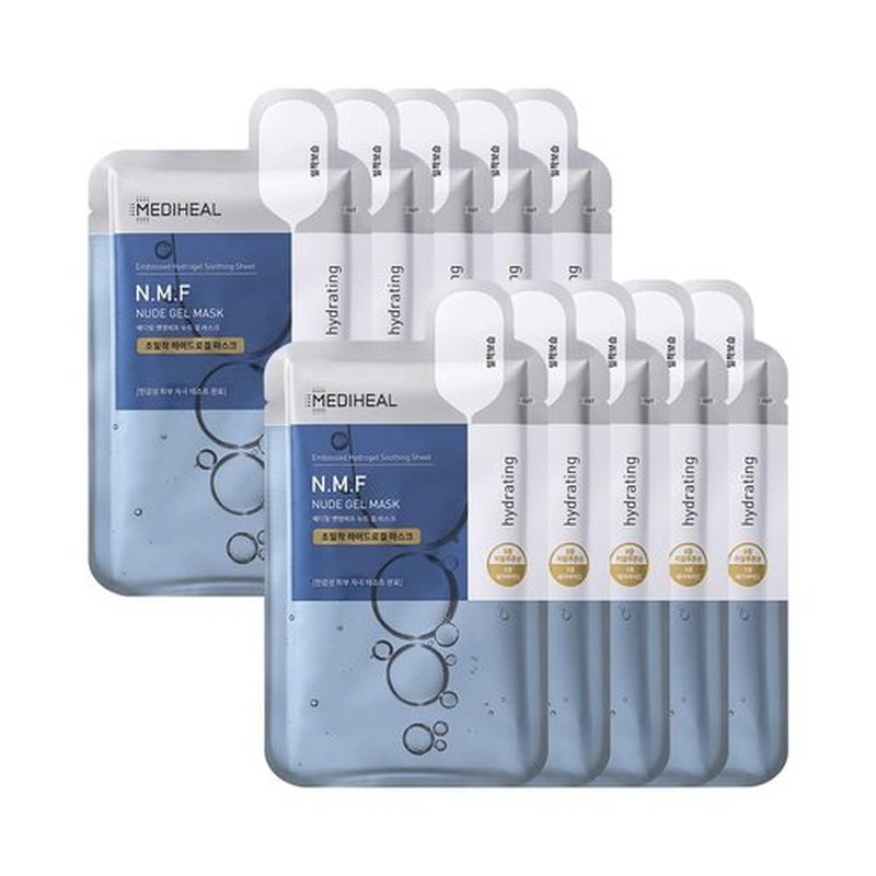 Mediheal NMF Nude Gel Mask - 10 Pack Hydrating Hydrogel Sheets for Moisturizing & Cooling Benefits