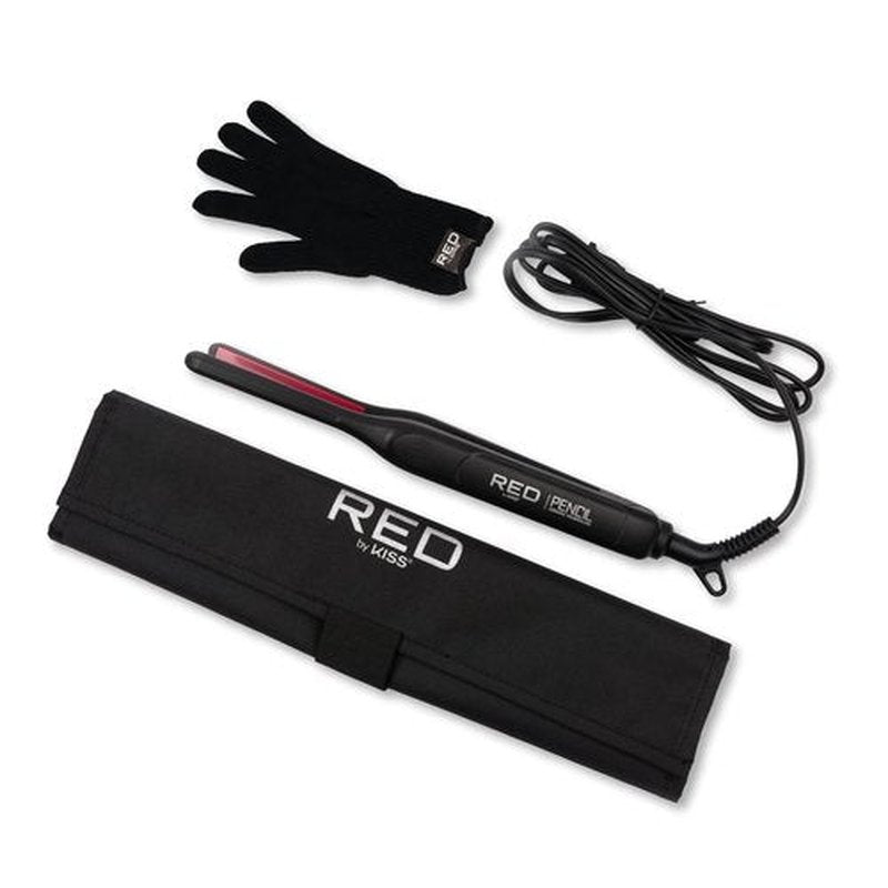 Red by Kiss Pencil Flat Iron up to 450°F Thin Small Tourmaline Ceramic Plate 0.3 inch (3/10") for Women and Men, Short to Medium Hair, Pixie Cut, Bangs, Edges.. A Travel Pouch and a Glove Included