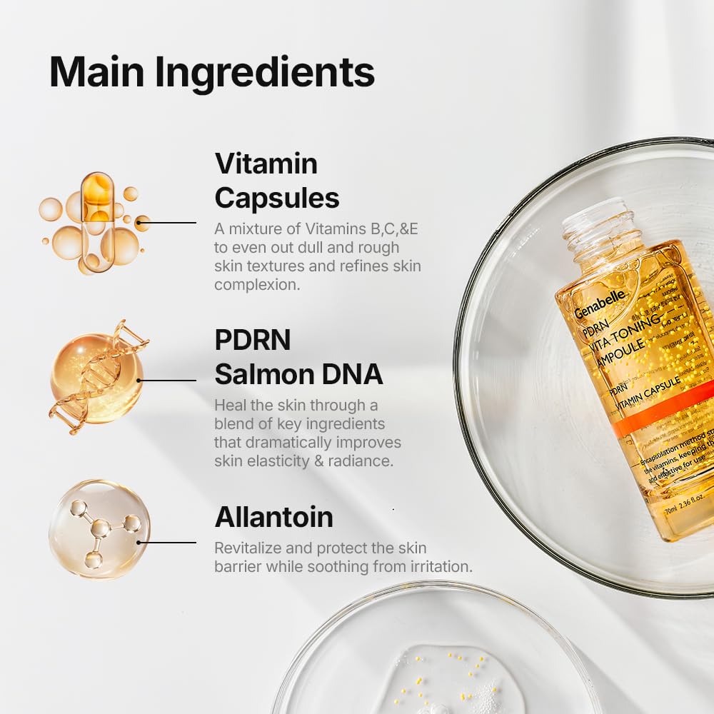 Genabelle PDRN Vitamin c Serum Toning Ampoule JUMBO SIZE - Lightweight Glass Skin,korean skin care with Vitamin B, C, E, PDRN, Serum for Blemishes, Fine Lines and Rough Skin Texture, 2.36 fl oz