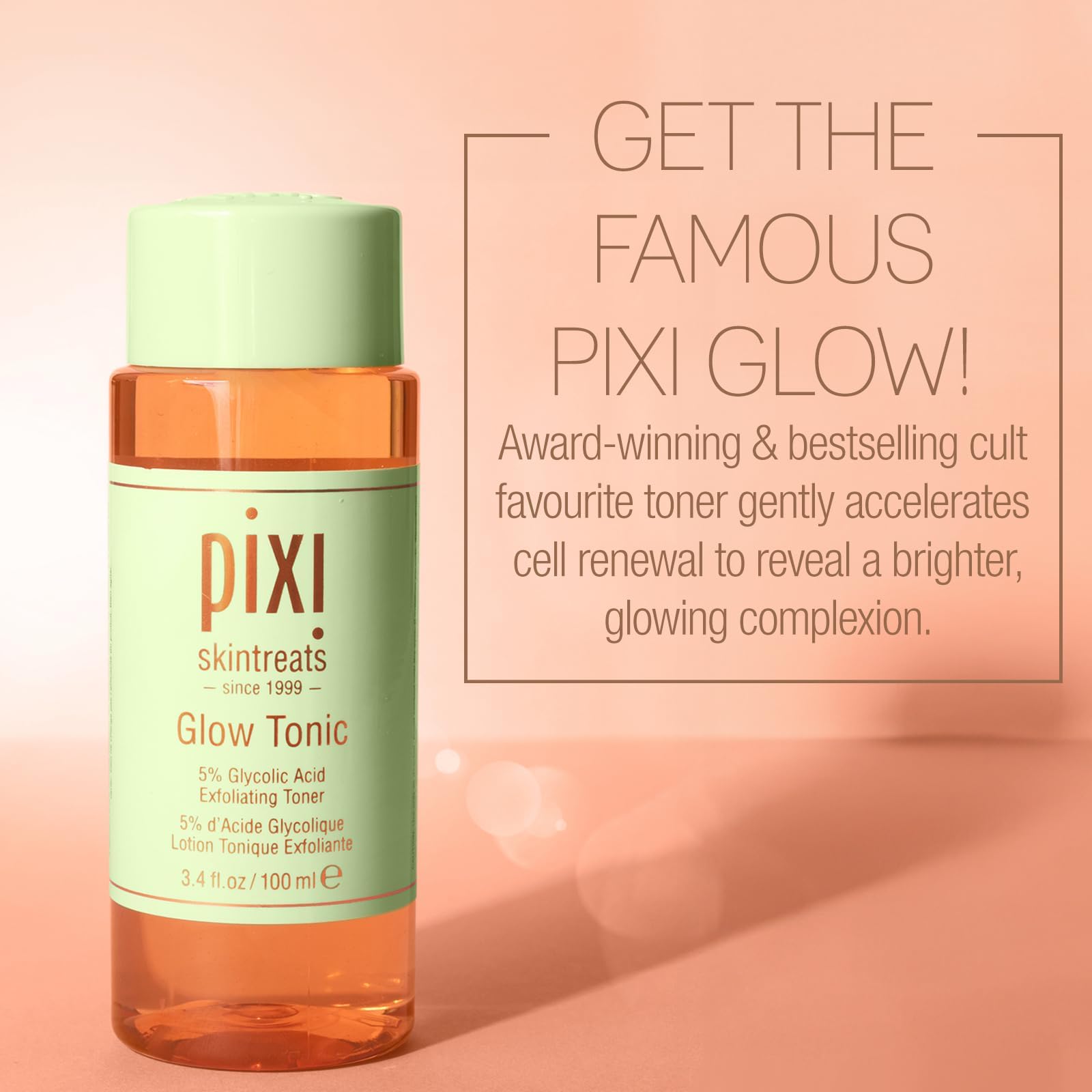 Pixi Glow Tonic Balancing Face Toner Glycolic Acid for Radiant Skin Daily Brightening Toner (3.4 fl oz / 100 ml)