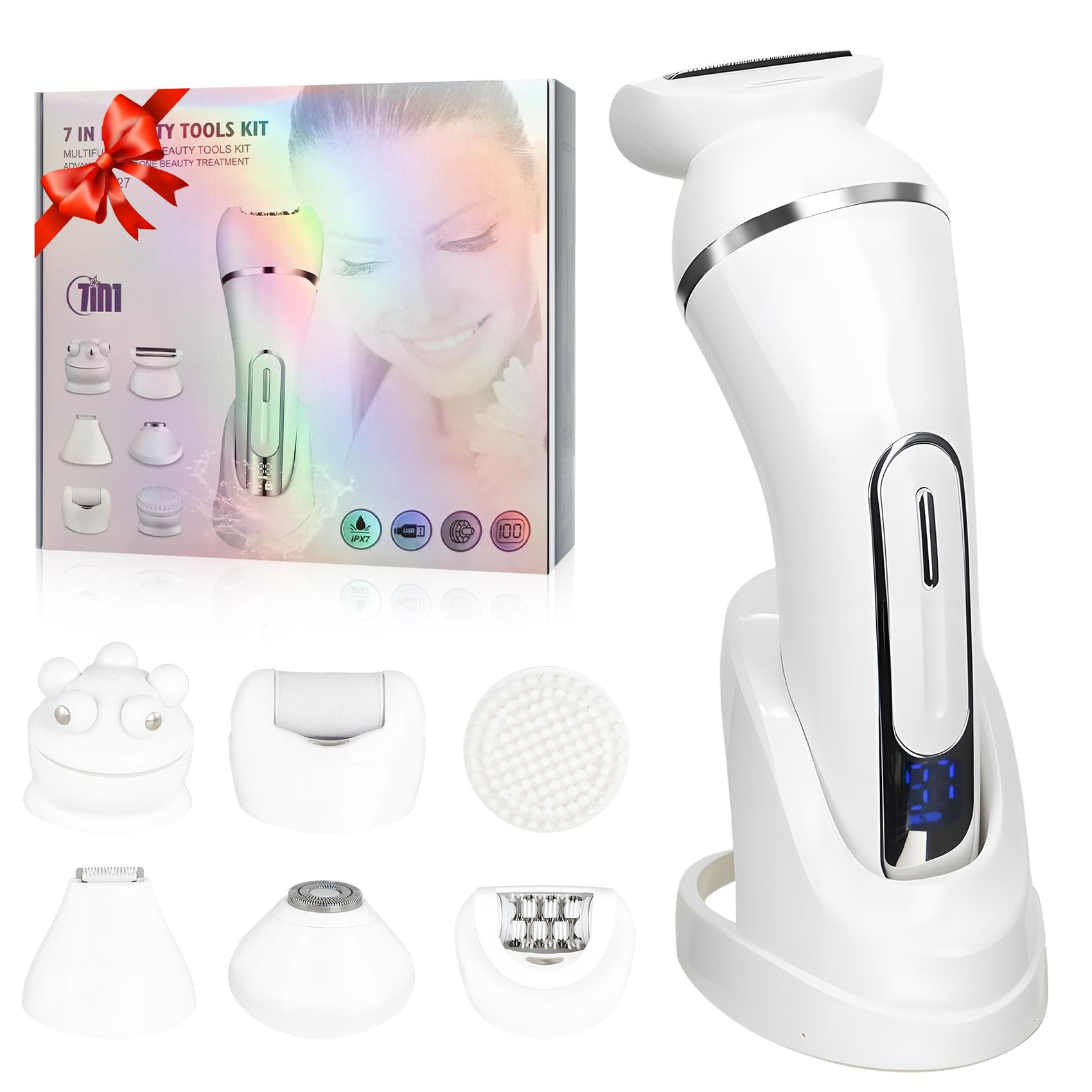 3.0 Women Face Epilator, 7-in-1 Rechargeable Facial Hair Remover with LED Battery Display, Facial Shaver for Face, Eyebrow, Nose Trimmer (White)