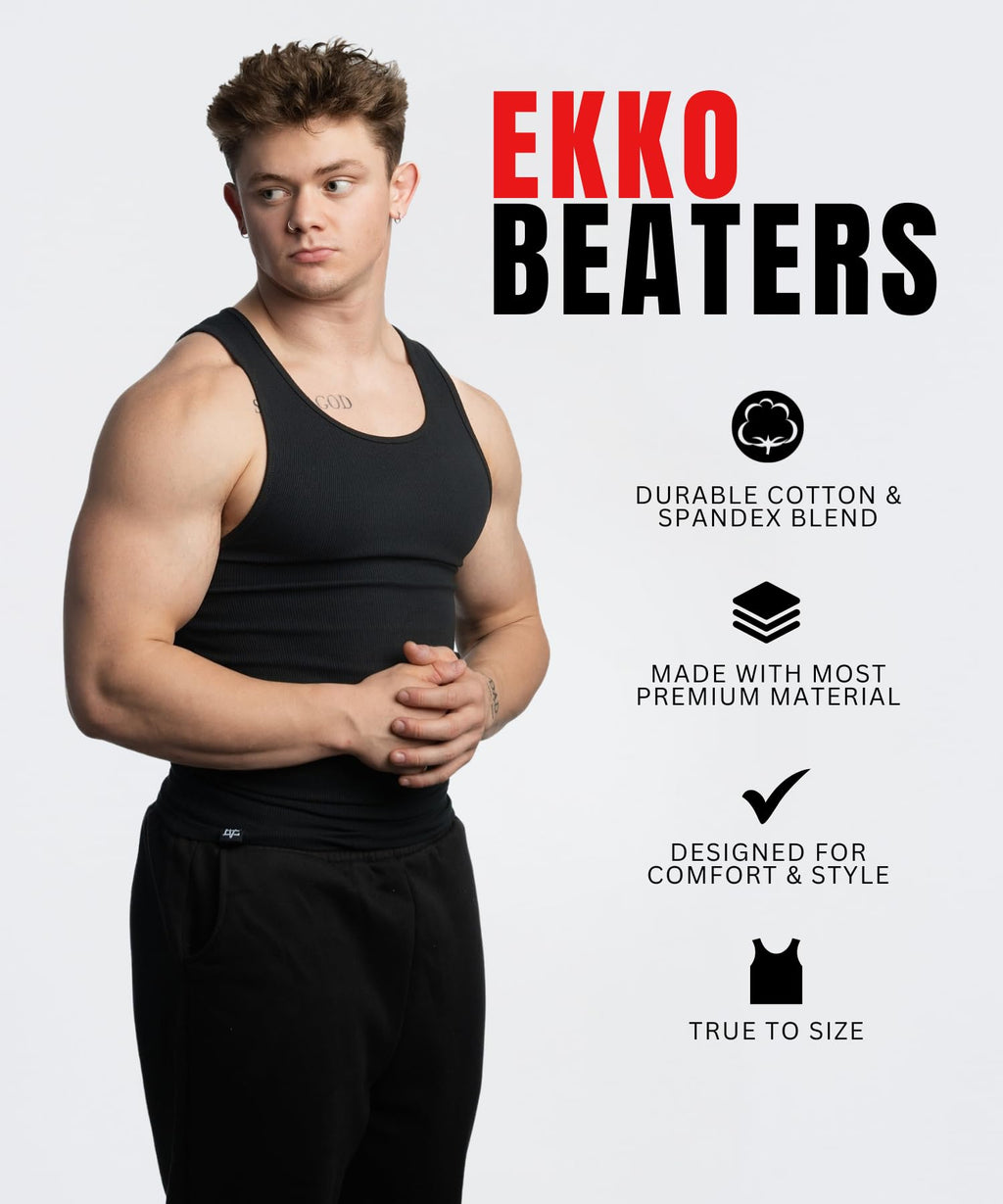 Ekkovision Beaters, Men's Tank Tops, Cotton Spandex Blend Tanks Tops for Men, Comfortable, Durable & Stylish Ribbed Fabric, Ideal Fit for Gym or Casual Wear, 3 Pack, Black, Size Large