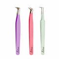 LASHORAA Lash Tweezers Set for Eyelash Extensions - 3 Piece Precision Fiber Tip Diamond Grip, Volume, L-Shape Boot, 90 Degree Tweezers - Includes Leather Case for Classic Lashes & Premade Fans