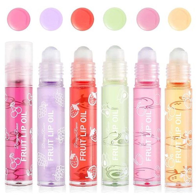 Pakivs 6PCS Roll-On Lip Oil Set,Fruit Flavored Lip Gloss Set,Long Lasting Moisturizing Lip Balm,Transparent Lip Gloss Glossy Lip Make-up,Best Gift