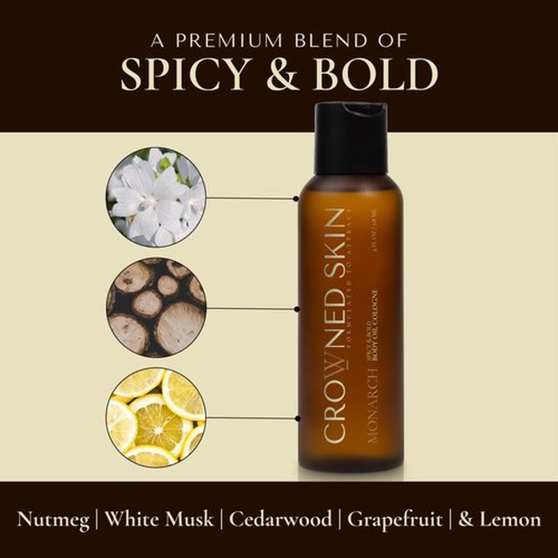 Crowned Skin Monarch Body Oil Cologne for Men | Spicy & Bold | New Moisturizing Formula Scented with White Musk & Cedarwood | Infused with Natural Jojoba & Grapeseed Oil | All-Day Fragrance | 4oz