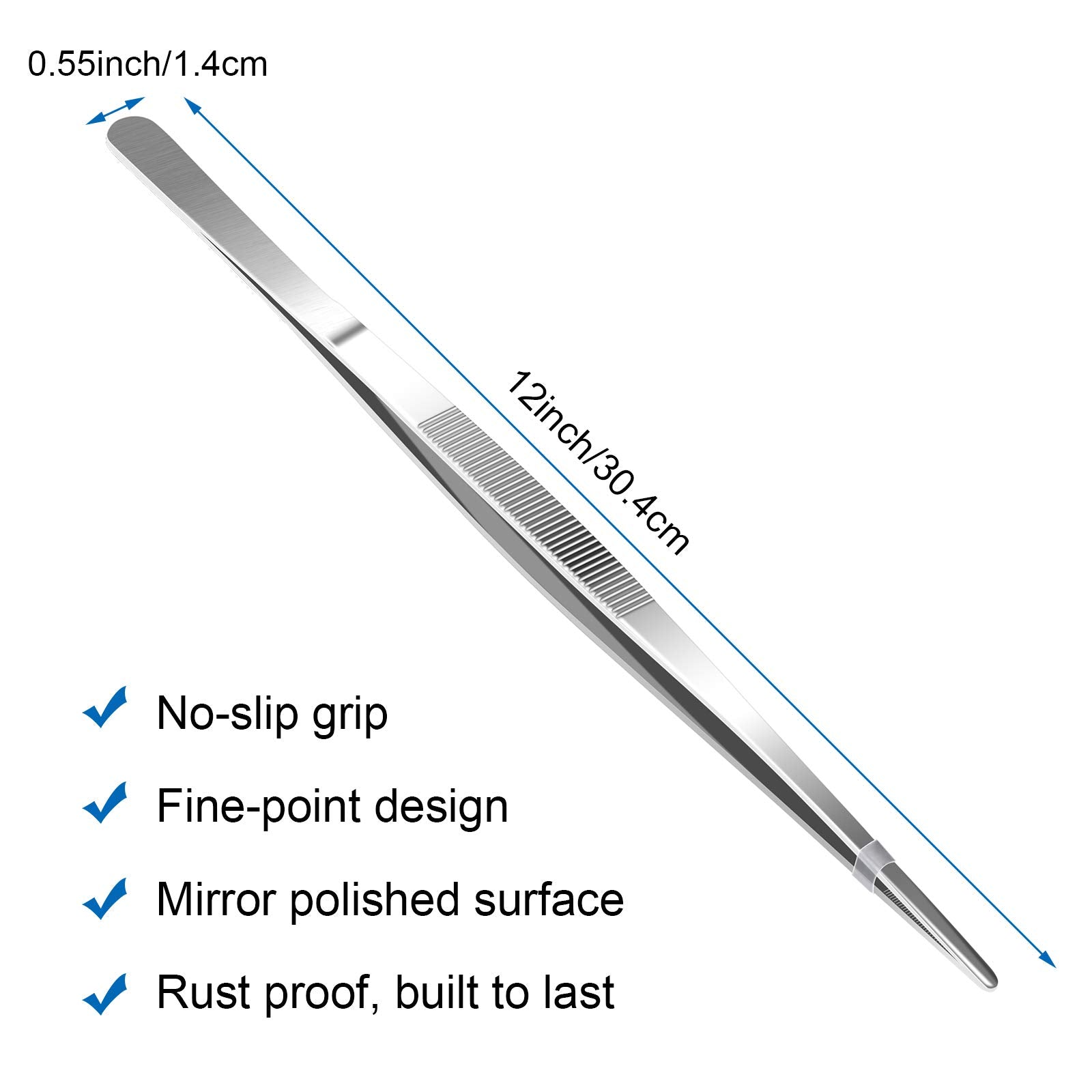 AHIER 12inch Kitchen tweezer Stainless Steel, Long tweezer with Precision Serrated Tips for Cooking Pincette for Sea food, Bar Tweezer