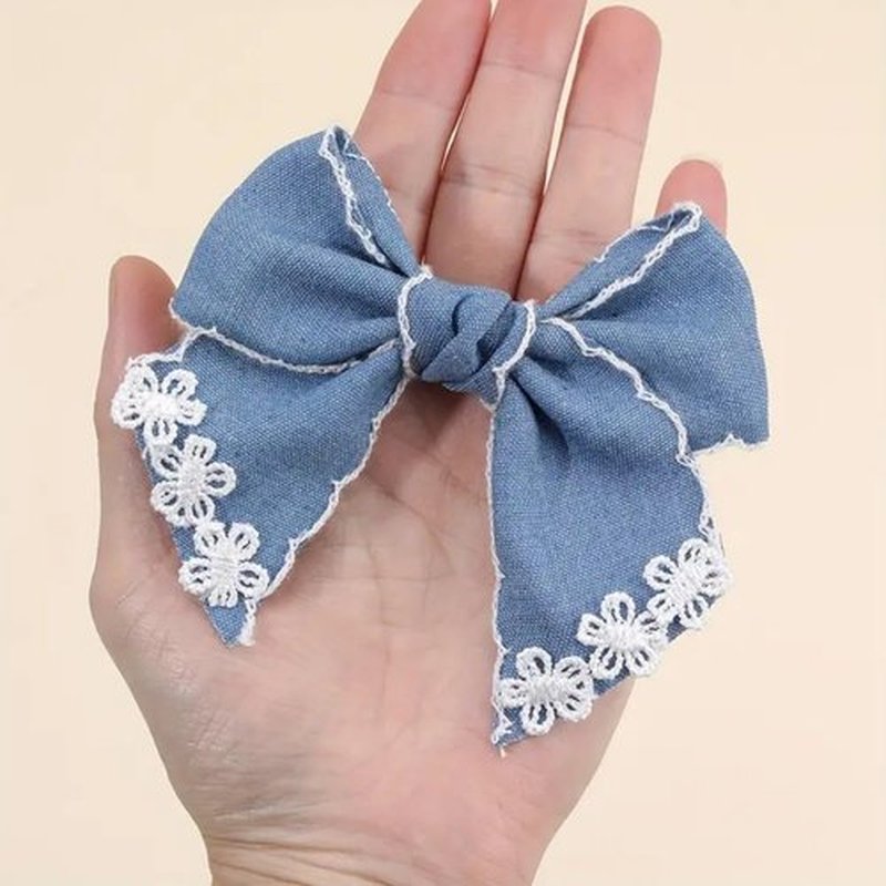 Blue Denim Hair Bow Clips Girls Denim Bowknot Pin Girls Blue Jeans Hair Bow Clips BW27 (Set-F)