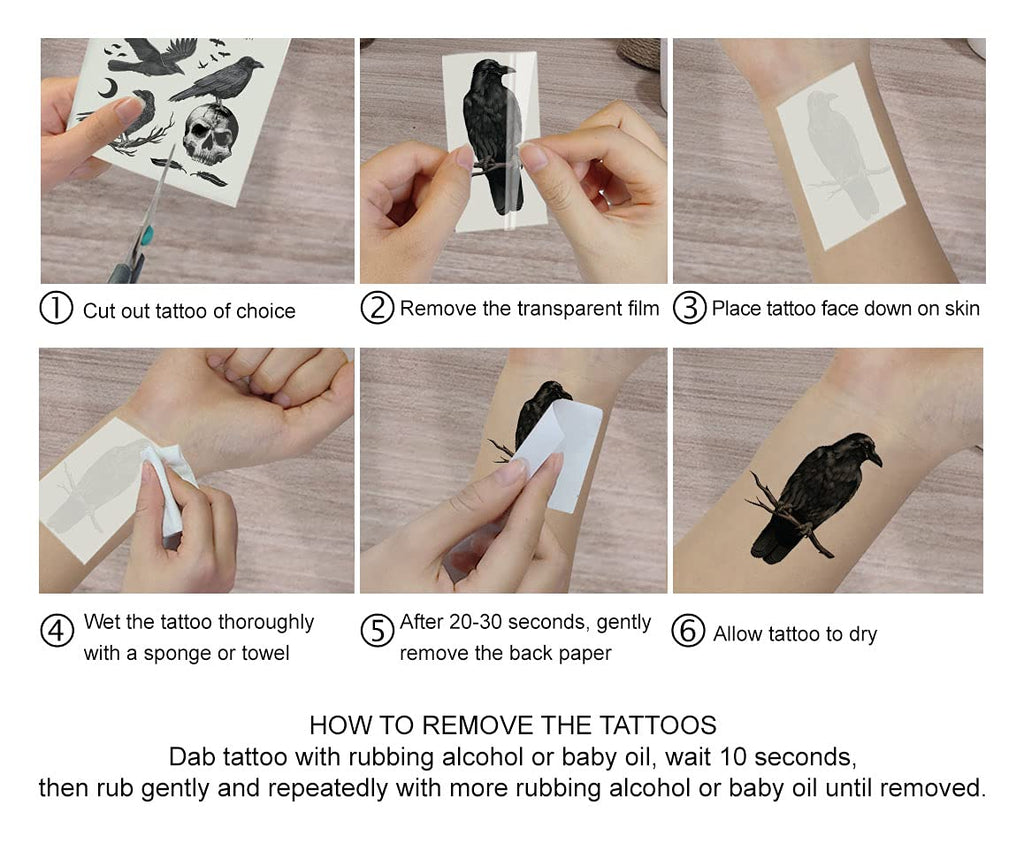 WIRESTER Temporary Tattoo Stickers for Adults Men Women, Fake Tattoos on Face Hand Neck Wrist Party Favor Body Art, Tattoo Sheet 6 x 7.87 inch - Ravens and Crows