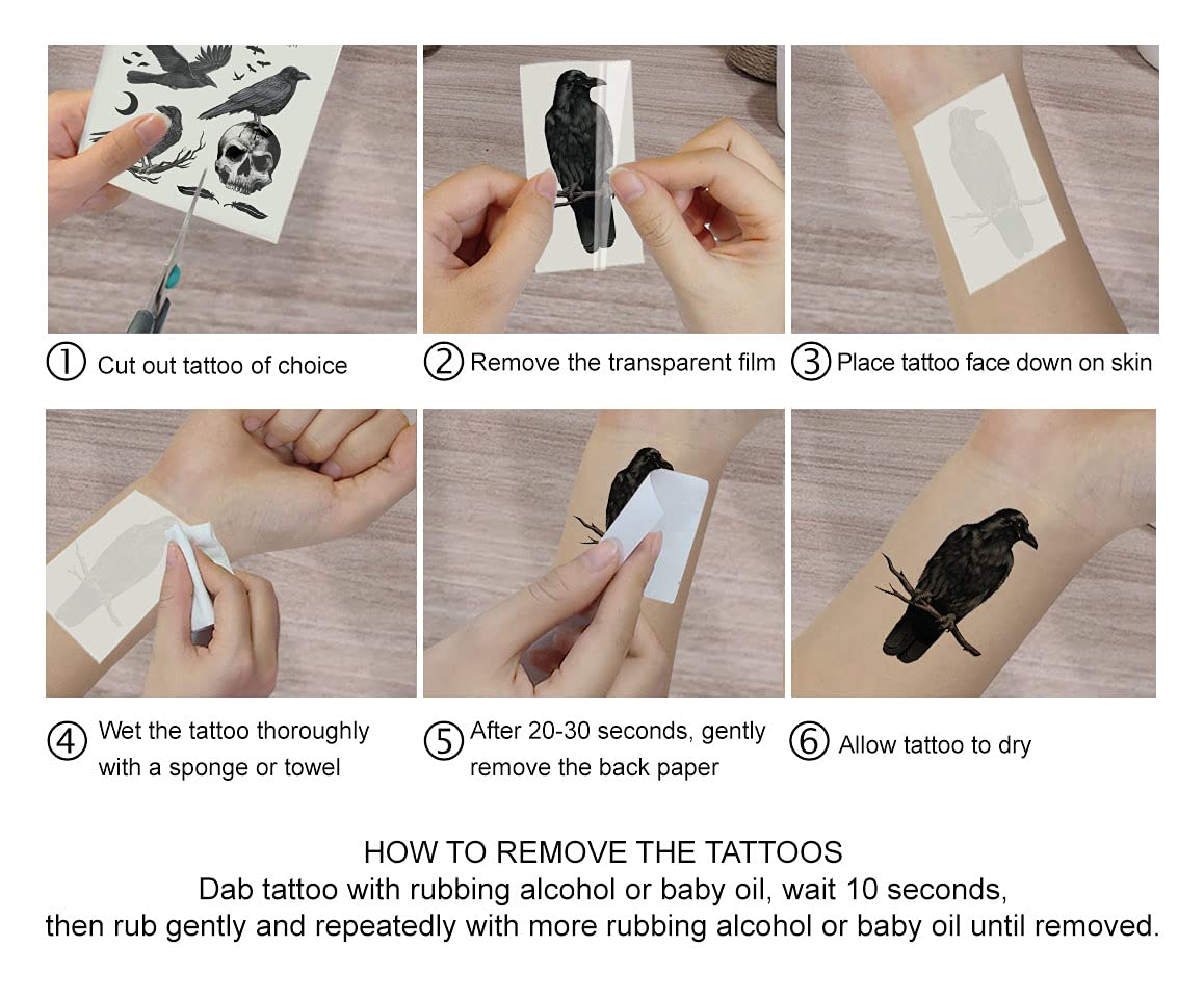 WIRESTER Temporary Tattoo Stickers for Adults Men Women, Fake Tattoos on Face Hand Neck Wrist Party Favor Body Art, Tattoo Sheet 6 x 7.87 inch - Ravens and Crows