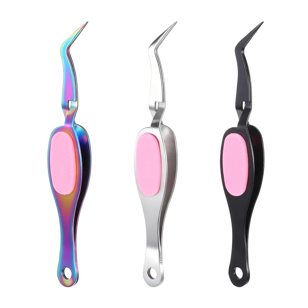 3 Pcs Reverse Tweezers Crafting Tweezers for Stickers Cross Locking Precision Tweezer Stainless Steel Soft Grip Fine Tip Curved Style for DIY Craft Jewelry Eyelash Extensions Nail Beading Tool