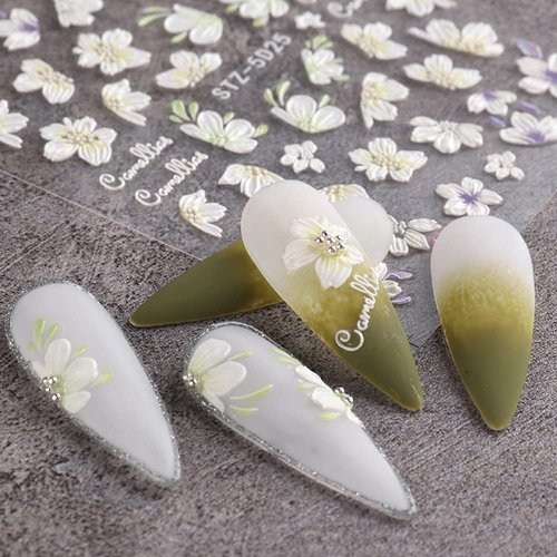 Flower Nail Art Stickers Decals 5D Stereoscopic Embossed Flowers Nail Stickers Spring Self-Adhesive Nail Art Supplies White Floral Acrylic Engraved Decals Sliders for Summer Nail Art Decorations, 3PCS