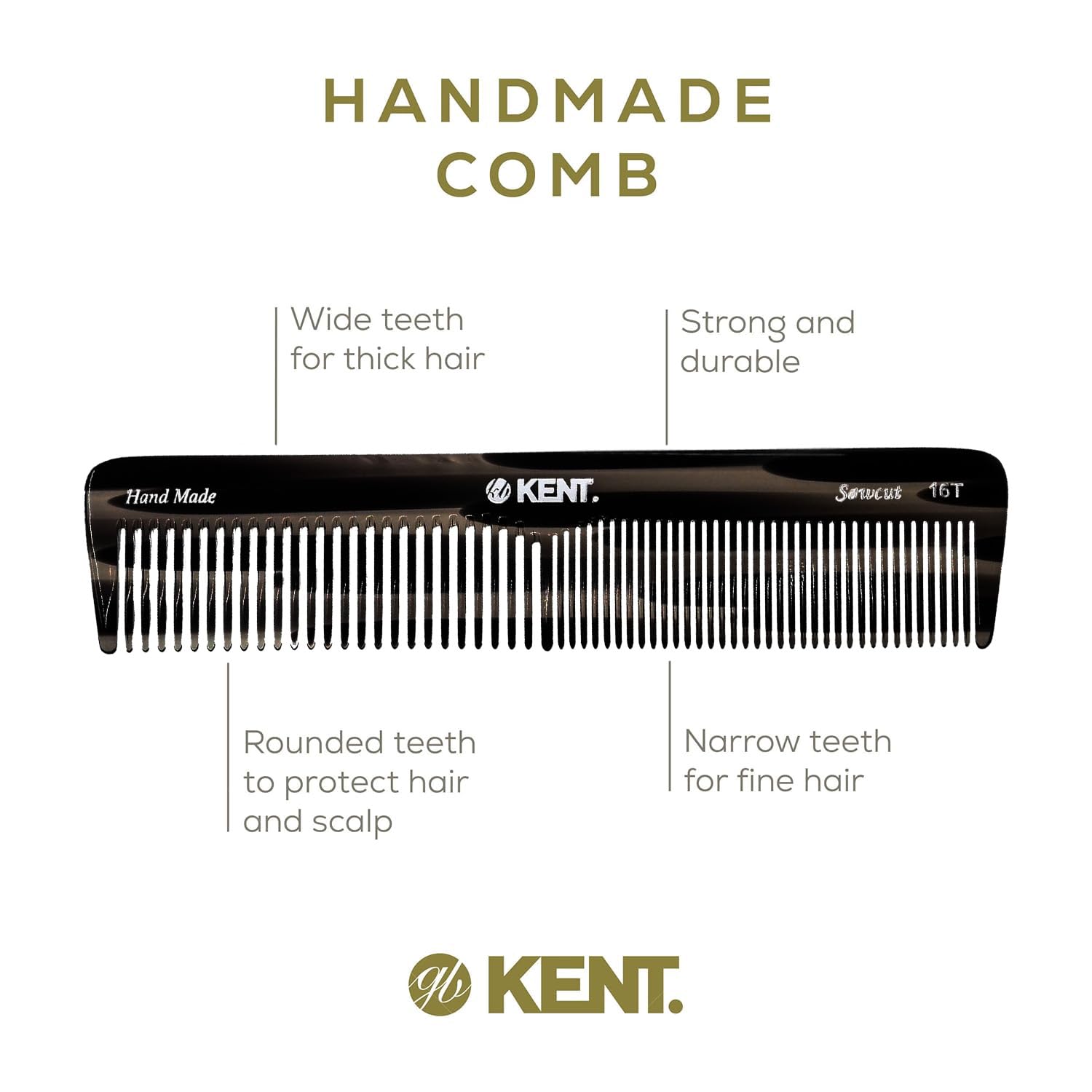 Kent 16T G Black Graphite Fine and Wide Tooth for Daily Grooming, Handmade Styling Comb for All Hair Types, Wet or Dry Hair Detangling Comb for Men and Women, Saw Cut Hand Polished, Made in England