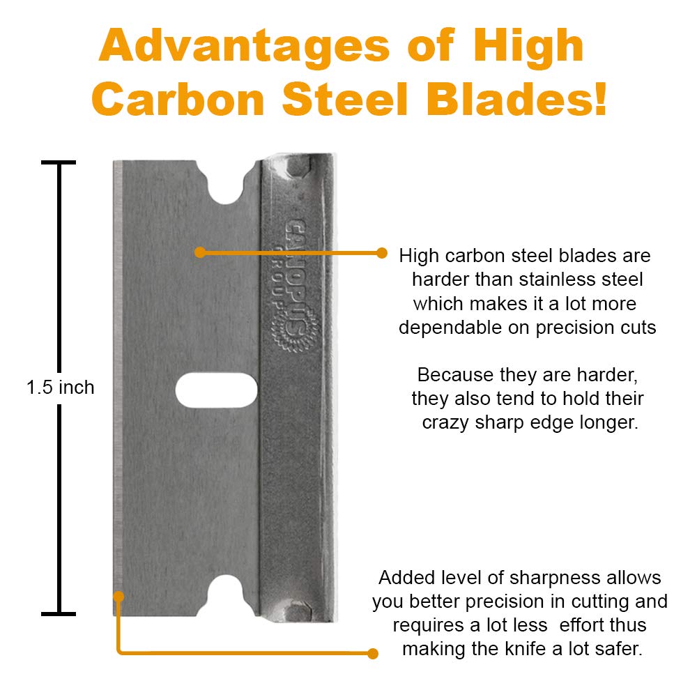 CANOPUS Single Edge Industrial Razor Blades, Safety Straight Edge Razor, 100% Made in USA, Box & Carton Cutter Replacement Blades, Glass and Paint Scraper Razor Blades (10 Pieces)