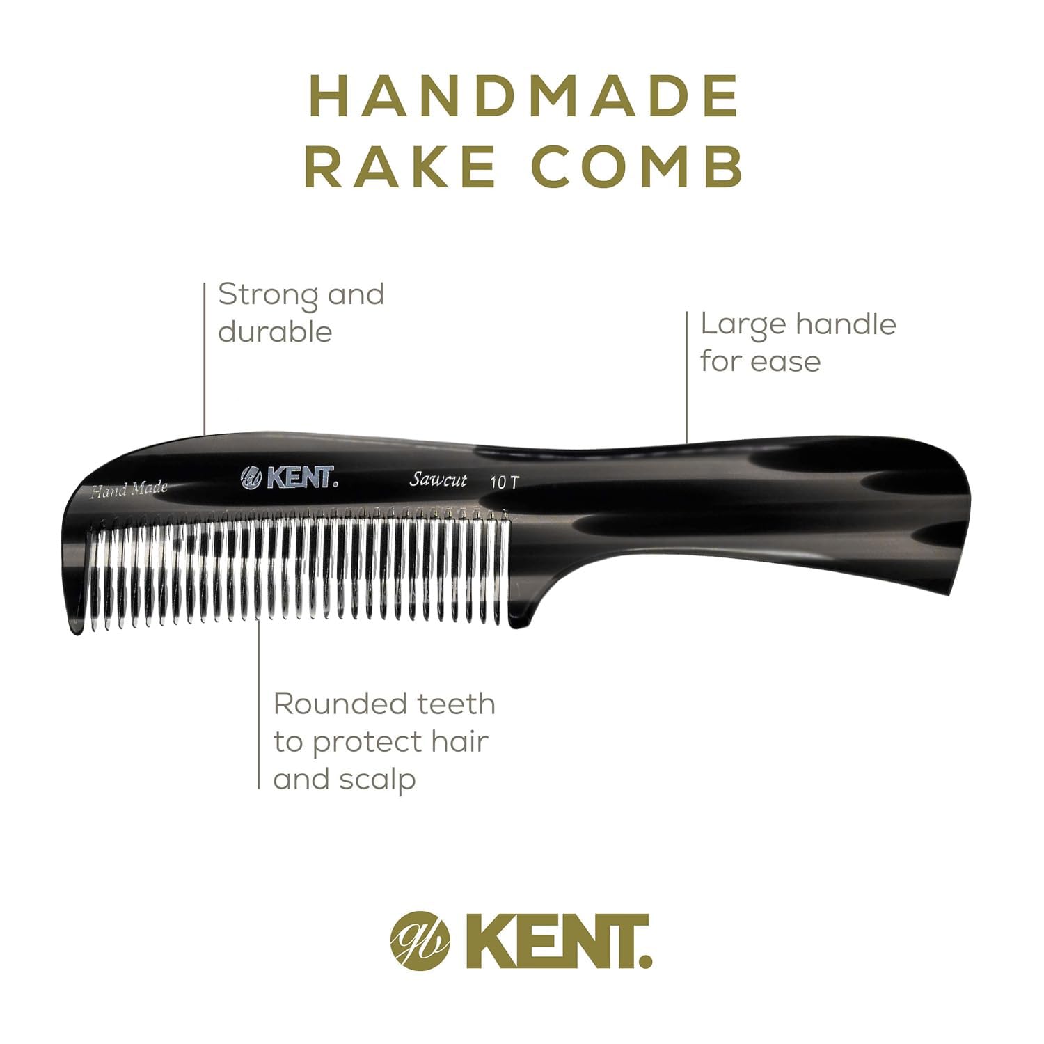 Kent 10T Black Graphite Large Detangler Comb, Wide Tooth Comb for Wet and Dry Curly Hair, Rake Combs for Women With Thick Hair, Saw-Cut and Hand Polished, Handmade in England