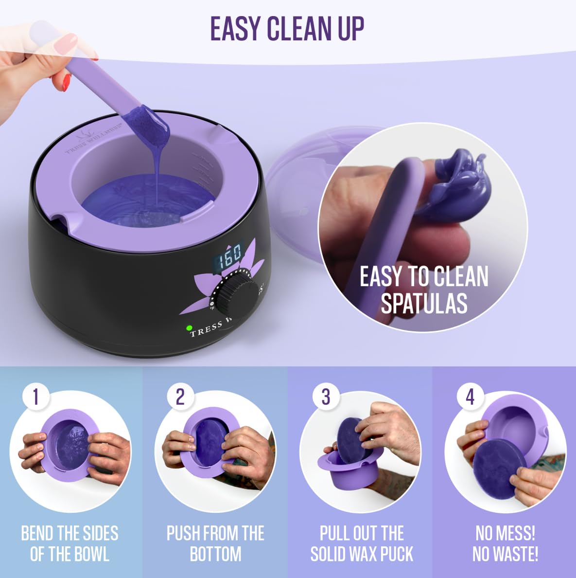 Tress Wellness Wax Warmer Silicone Liner (Purple) - Easy to Clean Silicone Wax Warmer Bowls with 2x Silicone Spatulas Compatible with 16oz Electric Waxing Kit - Silicone Wax Pot melting Wax Bowl