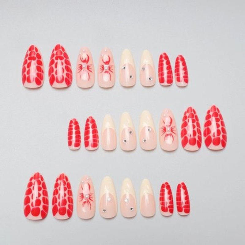 GuxiPirets Medium Long Press on Nails,Red French Tips Almond Shaped Rhinestone Nail Press ons with 3d Flower Design 24Pcs False Nails