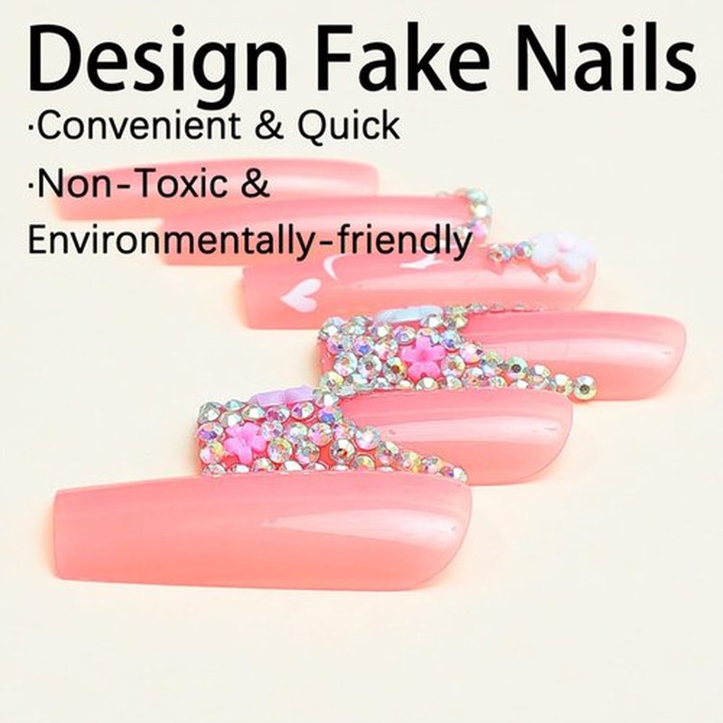24Pcs Square Press on Nails Long Length Fake Nails Glossy False Nails With 3D Flowers Rhinestones Designs Full Cover Stick on Nails Acrylic Extra Long Artificial Nails for Women Girls Glue on Nails