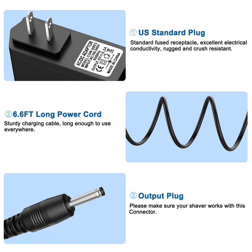 8V Shaver Charger Compatible with Philips Norelco HQ840, Supply Charging Cord for Philips HQ840 Norelco Multigroom Series 3000 MG3750 MG3750/50 MG3750/10 MG3750/60 MG3760 MG3760/50