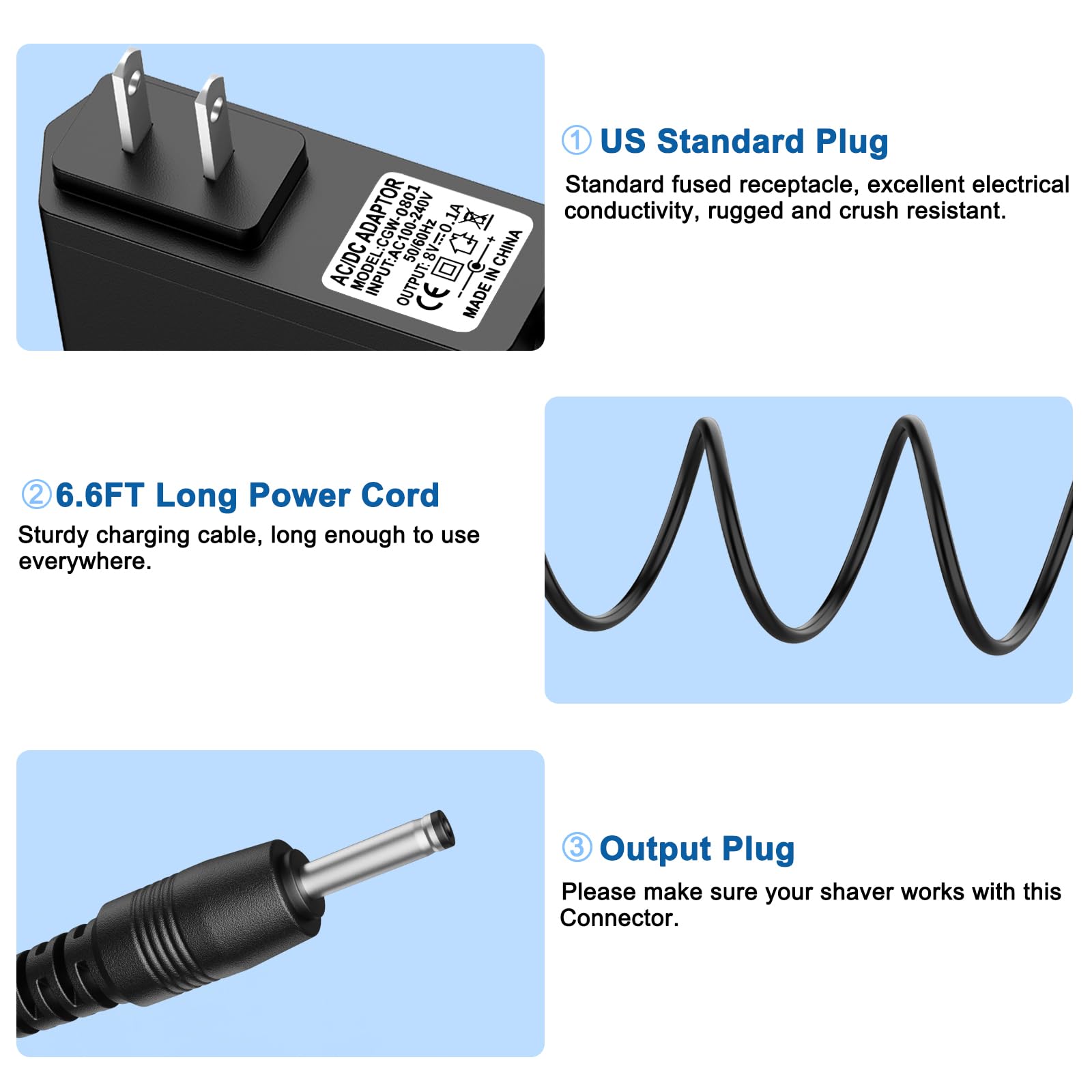 8V Shaver Charger Compatible with Philips Norelco HQ840, Supply Charging Cord for Philips HQ840 Norelco Multigroom Series 3000 MG3750 MG3750/50 MG3750/10 MG3750/60 MG3760 MG3760/50