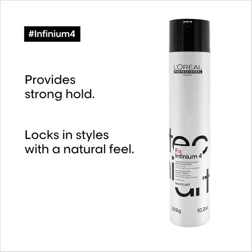 L'Oréal Professionnel Paris Infinium 4 Hairspray - Strong Hold, Natural Feel & Shine | Reduces Frizz, All Hair Types