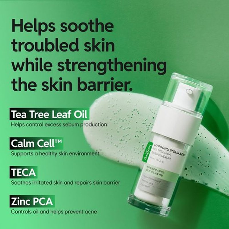 Saekdong Seoul Hypochlorous Acid Tea Tree Cica Bubble Serum – Advanced Bubble Trouble Care for Sensitive & Acne-Prone Skin, Oil Control & Skin Barrier Support, 1.01 fl oz, 30ml