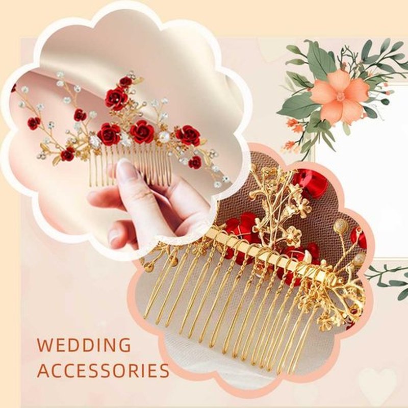 Foyte Crystal Flower Wedding Hair Comb Red Rose Headpiece Gold Hair Piece Bride Pearl Hair Accessories for Women