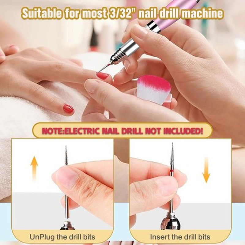 13PCS Professional Carbide Nail Drill Bits Set, Various Grits 3/32” Shank Diamond Dusted Manicure Pedicure Drill Bits with Brush for Acrylic & Gel Nails Remove,Salon & Home Use