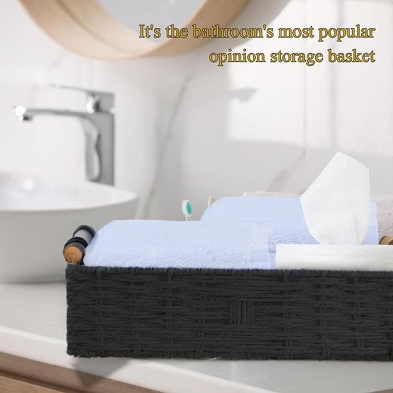Skiennix Round Paper Rope Storage Basket - Decorative Wicker Bins with Handle for Organizing | Black
