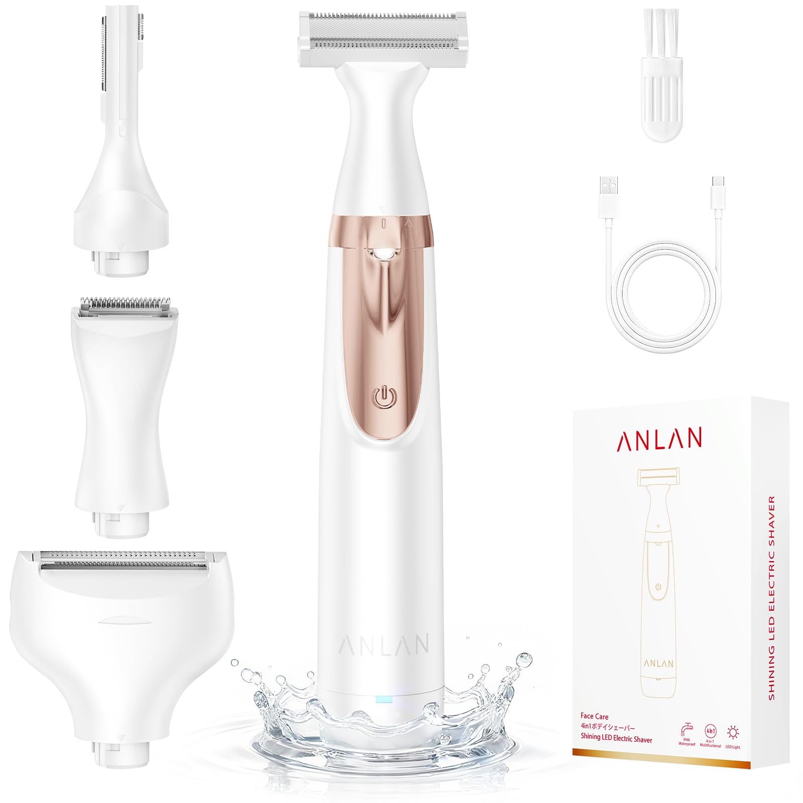 ANLAN 4-in-1 Painless Electric Razor for Women – Bikini Trimmer & Body Shaver with Ceramic Blade, Waterproof, Cordless Rechargeable for Legs, Armpit, Pubic Area, USB-C, Ideal Birthday Gift for Women