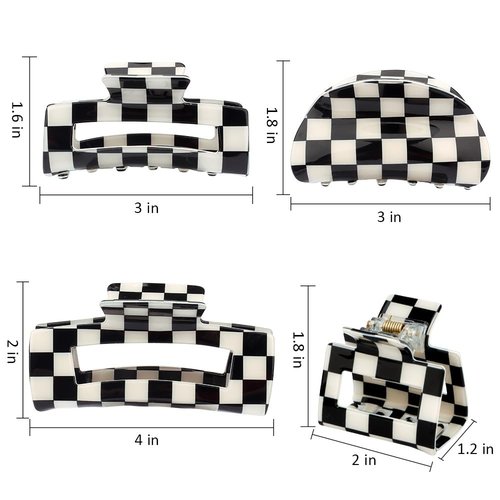 Atoden Checkered Hair Clips for Thick Thin Hair 4Pcs Large Medium Small Square Claw Clips Non Slip Strong Hold Jaw Clips Y2K Hair Accessories for Women Girls Black White