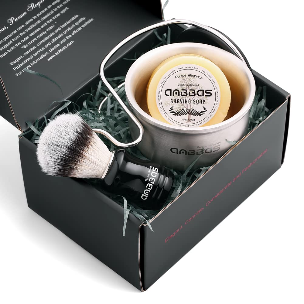 Anbbas Synthetic Badger Shaving Brush Set, 4IN1 Shaving Kit with Stainless Steel Shaving Stand and Lathering Foam Bowl, 3.5OZ Natural Shaving Soap Puck Refill for Men Wet Close Shave