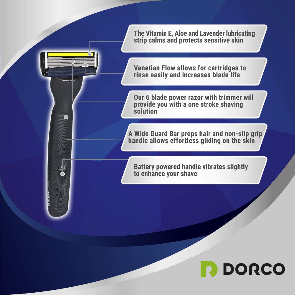 Dorco Pace 6 Plus Power - Six Blade Power Razor System with Trimmer (12 Cartridges (No Handle))