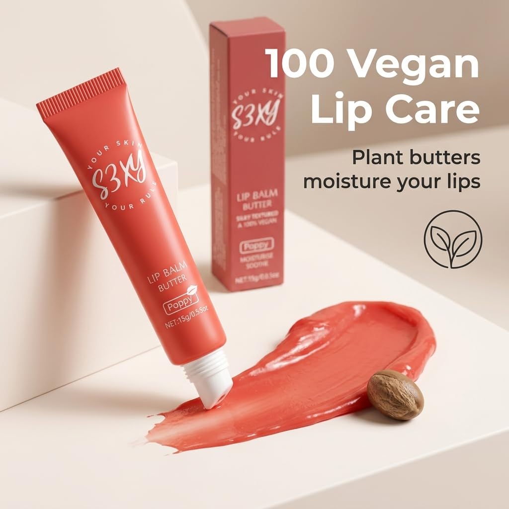 S3XY Tinted Lip Balm Butter - Vegan- Conditioning Lip Balm for Instant Moisture, Shine & Hydration - Sheer-Tinted, Soothing Skincare (Poppy)