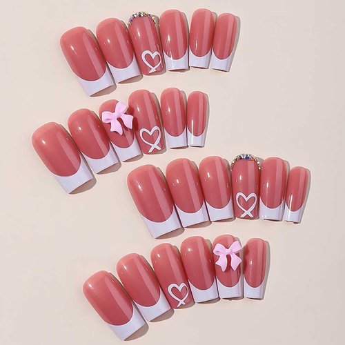 RikView Long Press on Nails Pink Fake Nails French Tips Nails Square Nails Glossy Full Cover Nails for Women 24 PCs/Set