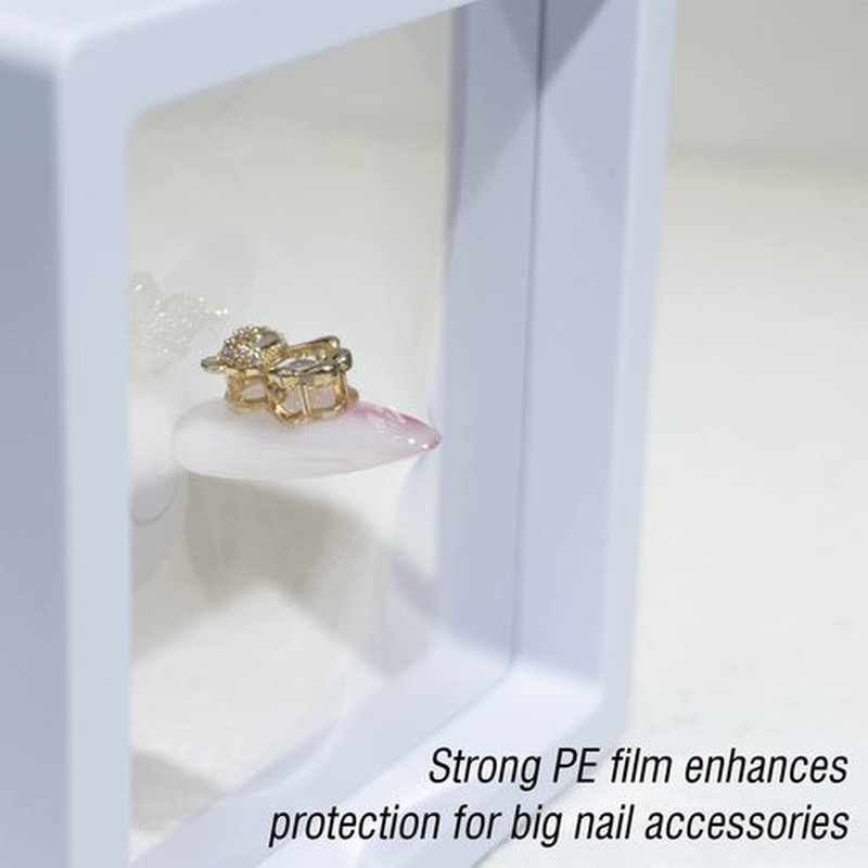 LIGHT RAIN Press on Nail Packaging Storage Box Case - 3.5 x 3.5 X 0.8 Inch 3D Floating Frame 24 pcs, Display Card 24 pcs, Pre-cut Double Sided Strong Tape 48 pcs, OPP bag 24 pcs