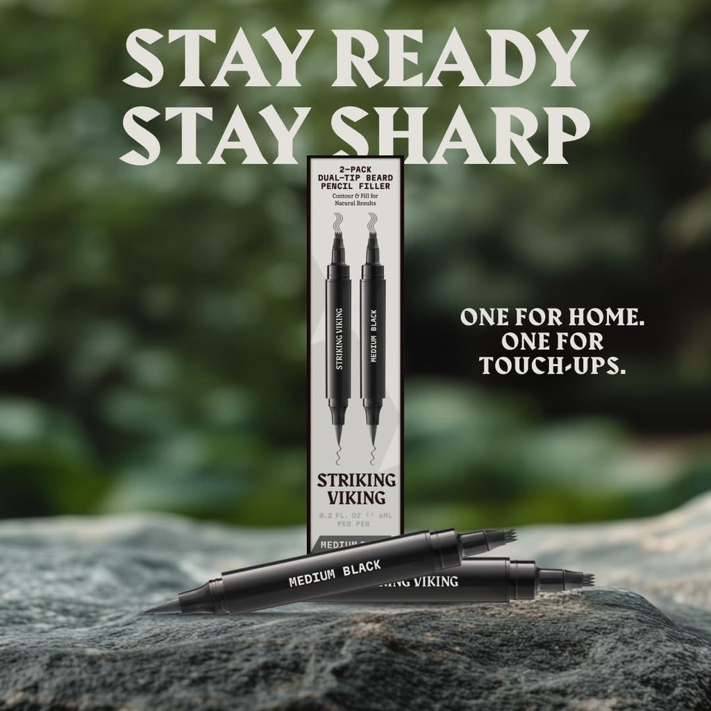 Striking Viking Beard Filler For Men - Medium Black, 2 Pens Pack - Temporary Beard Dye - Waterproof Sweatproof Long Wear Beard Pencil for Touchups & Gap Contouring - Enhances Facial Hair