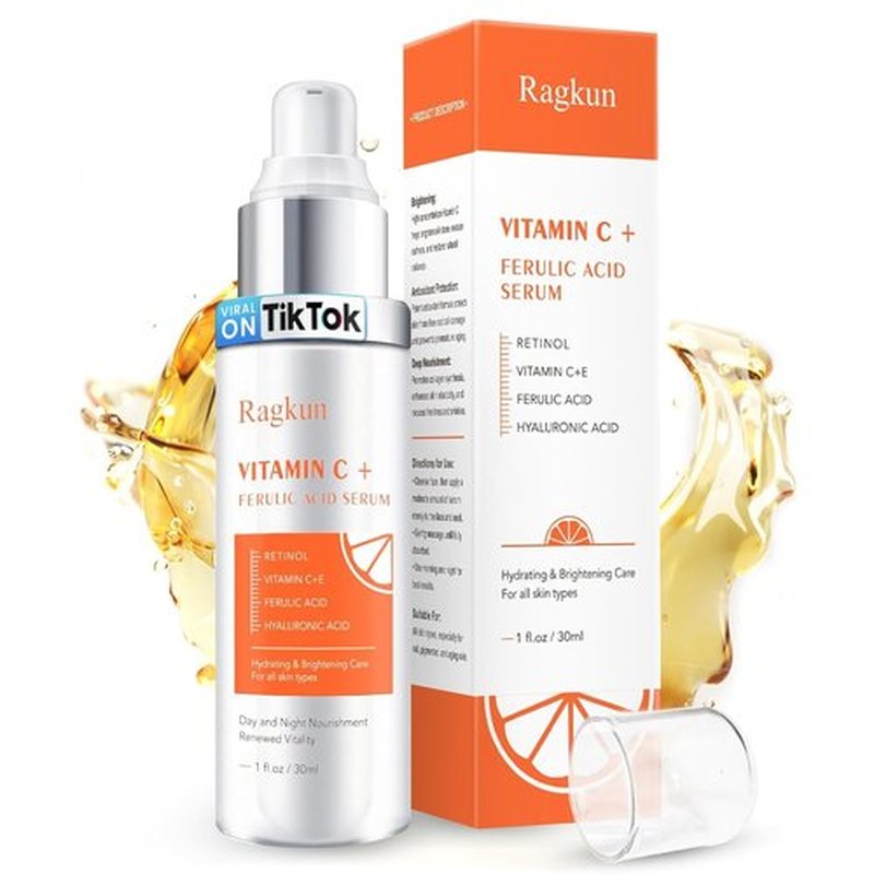 Ragkun 20% Vitamin C Serum, Retinol Serum for Face, Dark Spot Remover for Face, CE Ferulic Acid, Hyaluronic Acid, Hydrate & Plump Skin Care Anti Aging Wrinkle Brightening Skincare -1 Fl Oz.