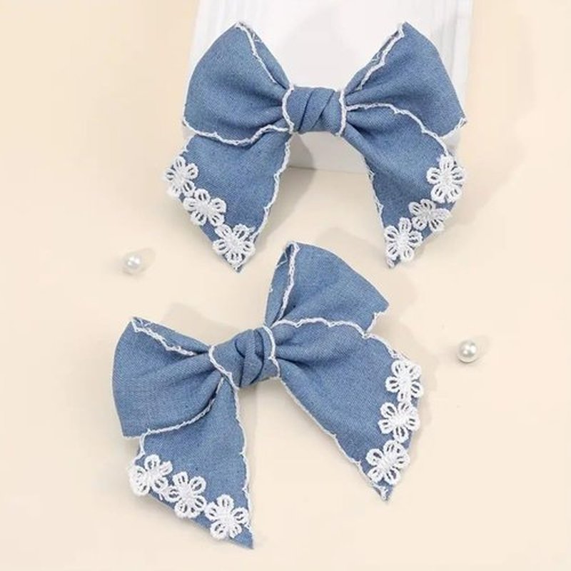 Blue Denim Hair Bow Clips Girls Denim Bowknot Pin Girls Blue Jeans Hair Bow Clips BW27 (Set-F)