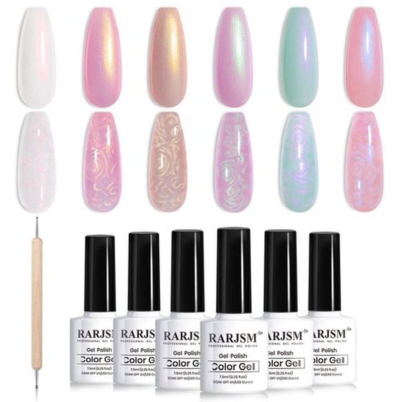 RARJSM Pearl Gel Nail Polish Set - 6 Colors with Glitter & Shimmer | Mermaid Swirl Effect, Soak Off