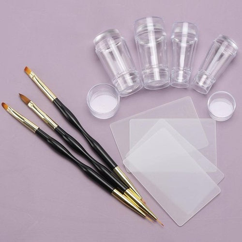 11 Pcs Nail Art Stamper Kit - 4Pcs Double Sided French Tip Nail Stamps with 4Pcs Nail Scrapers, 3Pcs Double-ended Nail Art Liner Brushes