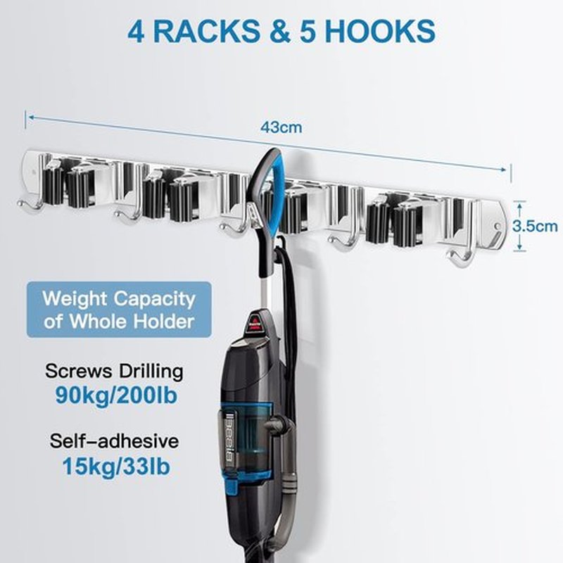 IMILLET Wall Mounted Broom Holder - Heavy Duty Stainless Steel Mop Organizer | 4 Racks & 5 Hooks