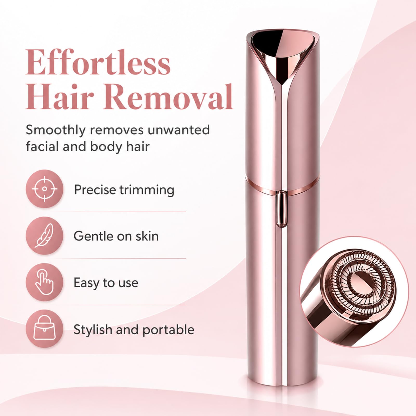 Flawless Facial Hair Removal for Women, Device, Remover Women Face, Finishing Touch Upper Lips, Chin & Cheeks, USB Rechargeable with LED LightIncluded Two Replacement Heads（Rose Gold）