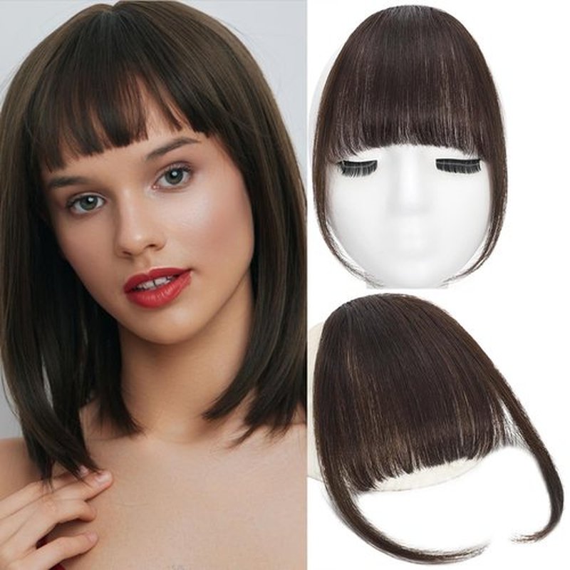 QingChang Clip in Bangs Real Human Hair Dark Brown Wispy Fake Bangs Hair Clip on Bangs Extensions for Women Fringe Hairpieces for a New Hairstyle Instantly (#2)