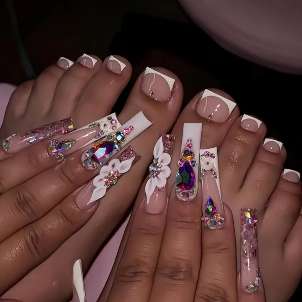White French Tips Press on Toenails Colorful Gem Press on Nails Long Square False Nails with Flower Charm Design Pearl Fake Toenails Glossy Spring Summer Fake Nails for Women Girls Manicure 48Pcs