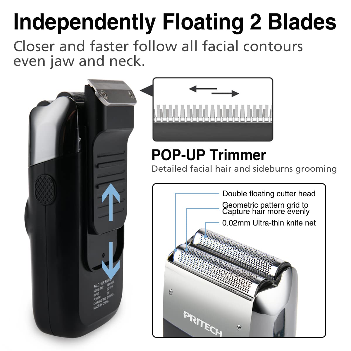 PRITECH Electric Foil and Bald Shavers 2 in 1 Double Shaver for Men Blade and Popup Beard Trimmer with Rechargeable 2 Head 3 Adjustable Speeds Men's Beard Shaver by Pritech